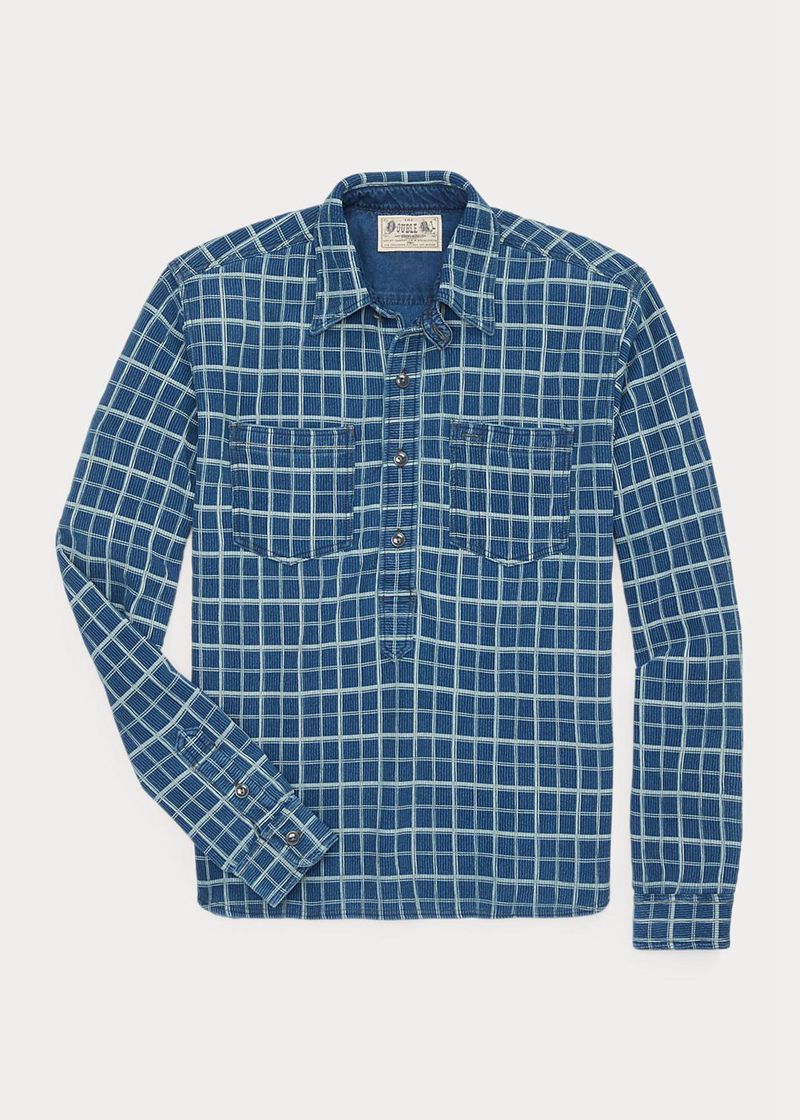 Camisas RRL Hombre Checked Ribbed Jersey Popover Work Chile Azules AOTHV-2986